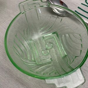 Depression Green Glass Handled Art Deco Bowls Set of 3 w/3 ONEIDA DJ Teaspoons